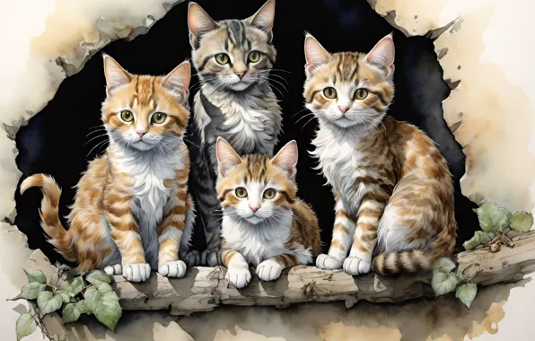 Взгляд, листья, свет, кошки, поза, котенок, серый, стена