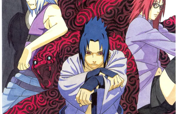 Змея, очки, Naruto, трое, отряд, ninja, Uchiha Sasuke, Suigetsu Hozuki