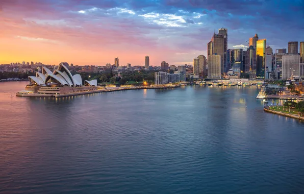 Море, небоскреб, дома, Австралия, панорама, театр, Сидней, опера