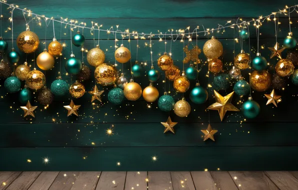 Украшения, темный фон, золото, green, шары, Новый Год, Рождество, golden