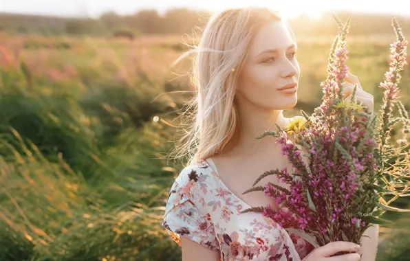 Картинка лето, девушка, цветы, настроение, волосы, букет, луг, Alexander Drobkov-Light