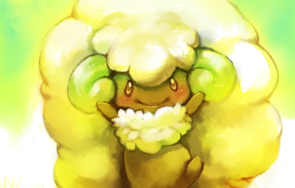 Трава, улыбка, животное, аниме, арт, румянец, овечка, pokemon