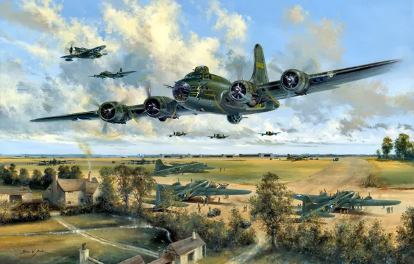 Картинка деревья, истребитель, США, бомбардировщик, аэродром, кустарник, B-17, сопровождения