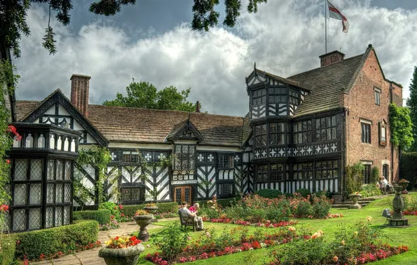 Картинка цветы, парк, здание, Англия, сад, England, Gawsworth, Gawsworth Old Hall