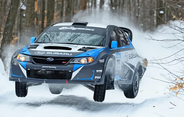 Картинка Зима, Subaru, Impreza, Снег, Лес, Машина, Занос, Rally