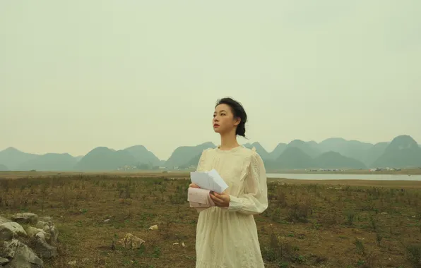 Beautiful, Asian, Model, Water, Cloudy, Woman, Mountains, River