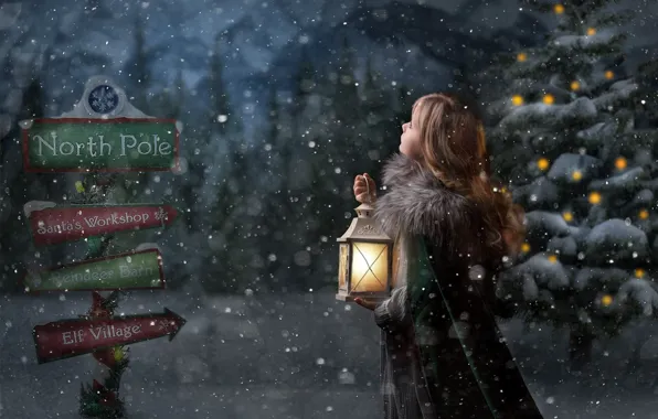 Картинка зима, снег, Рождество, девочка, фонарь, Новый год, ёлка, указатели