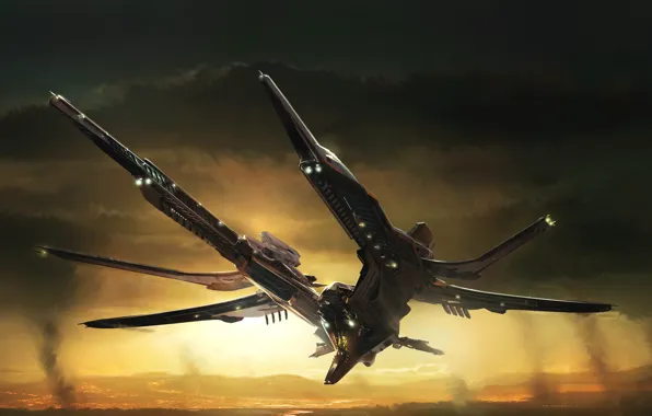 Небо, Судно, Арт, Фантастика, Concept Art, Транспорт, Bomber, Science Fiction
