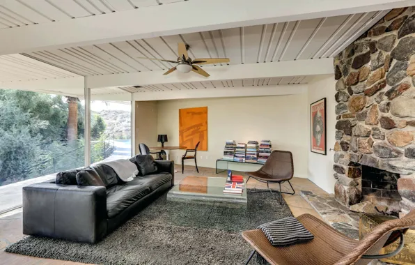 Интерьер, камин, гостиная, Zsa Zsa Gabor house, Palm Springs