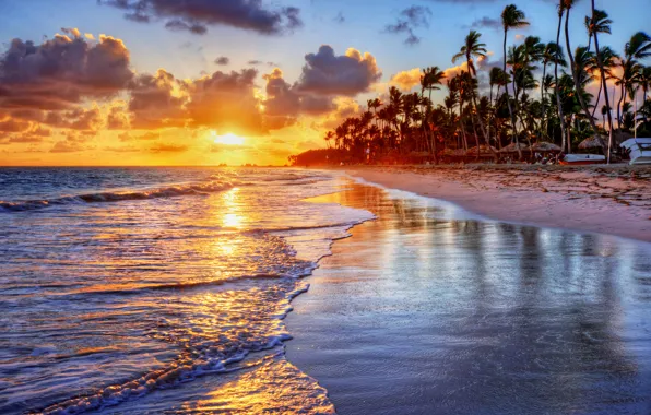 Картинка песок, море, солнце, облака, пальмы, берег, прибой
