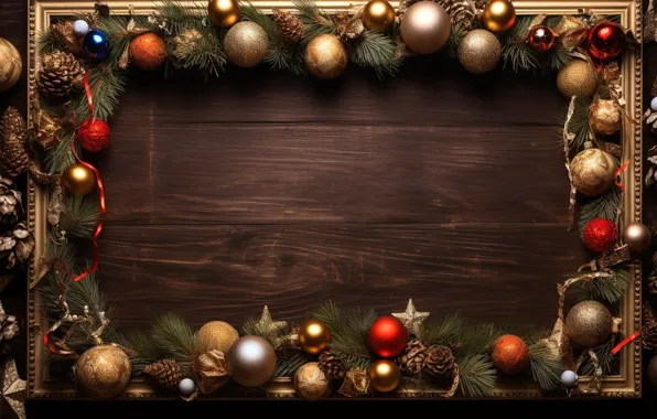 Картинка украшения, шары, рамка, Новый Год, Рождество, golden, new year, happy