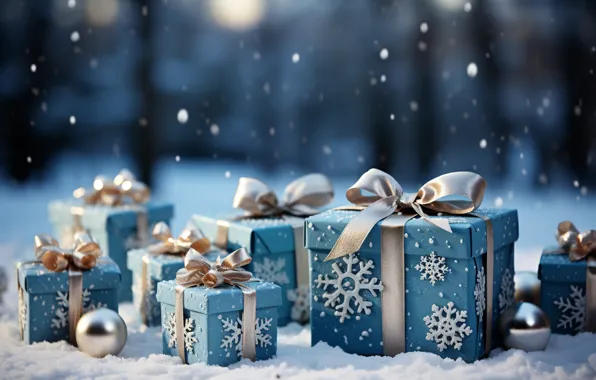 Картинка зима, снег, украшения, снежинки, шары, Новый Год, Рождество, подарки
