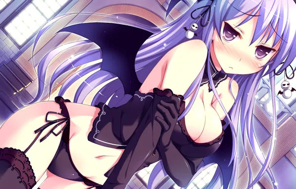 Girl, sexy, lingerie, cleavage, blouse, panties, thighhighs, long hair