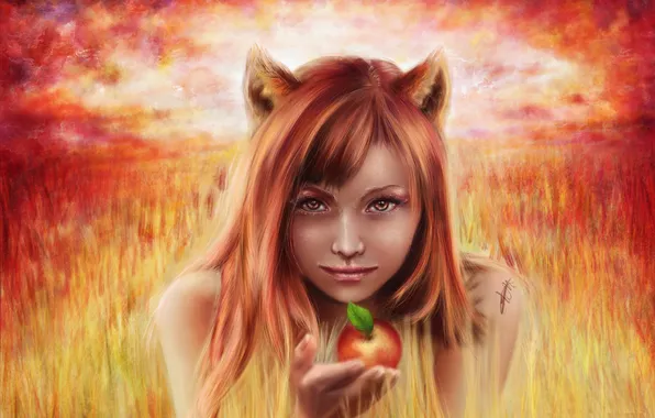 Картинка взгляд, девушка, лицо, фантастика, волосы, яблоко, арт, рыжая