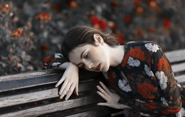 Картинка грусть, девушка, скамейка, лицо
