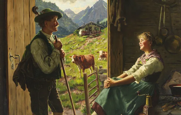 1880, German painter, немецкий живописец, Emil Rau, Эмиль Рау, Besuch auf der Alm, Посещение пастбища