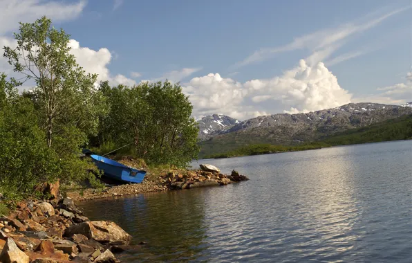 Горы, природа, озеро, фото, побережье, лодки, Норвегия, Hansnes