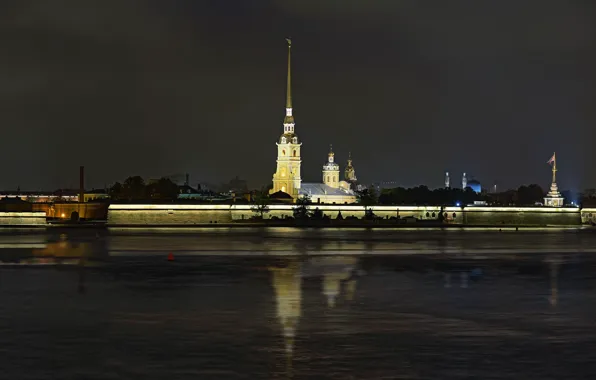 Ночь, крепость, Нева, Санк-Петербург, Петропавловка, Петропавловская