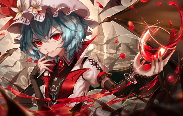 Девушка, кровь, бокал, демон, Touhou, Тохо, Тоухоу