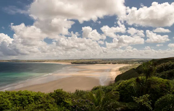 Картинка небо, облака, побережье, Великобритания, Porthkidney Beach Cornwall