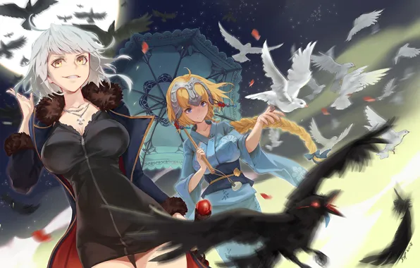 Птицы, девушки, аниме, арт, голуби, Fate