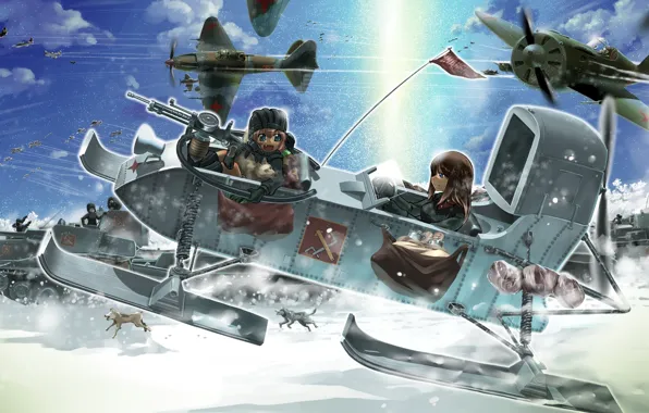 Собаки, снег, девушки, арт, самолеты, танки, girls und panzer, военная кампания