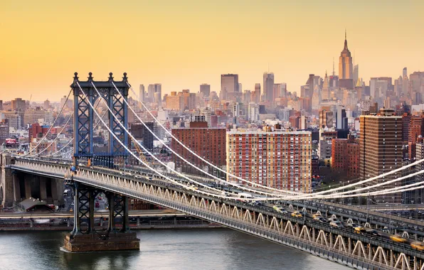 Мост, дома, Нью-Йорк, США, городской пейзаж