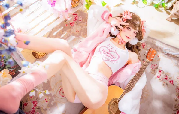 Beautiful, Asian, Model, Bed, Guitar, Woman, Jacket, Pretty
