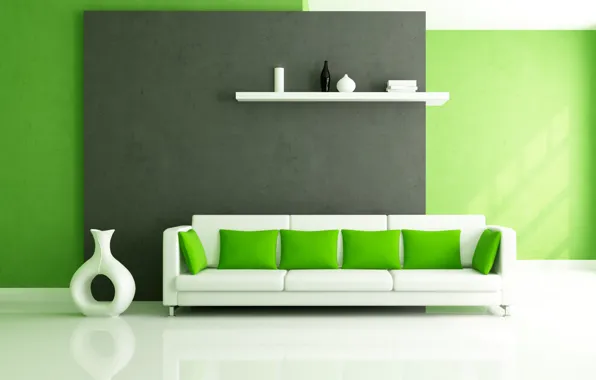 Картинка белый, дизайн, зеленый, стиль, диван, интерьер, подушки, полка