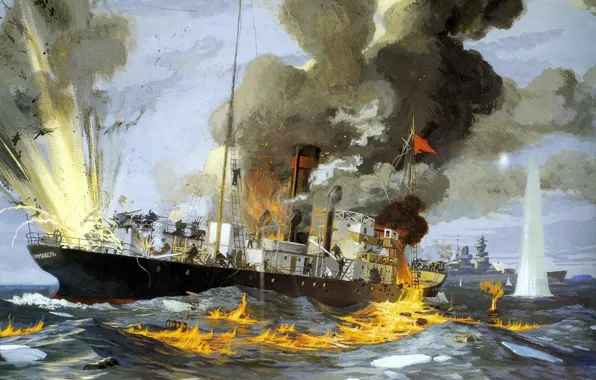 Картинка море, огонь, пламя, война, дым, масло, взрывы, картина