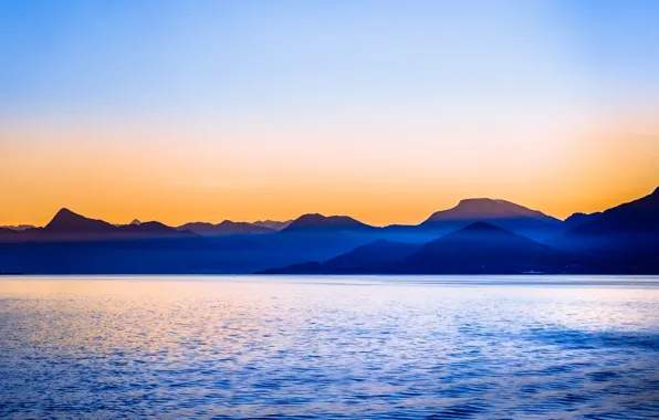 Twilight, sky, sea, ocean, sunset, mountains, hills, dusk