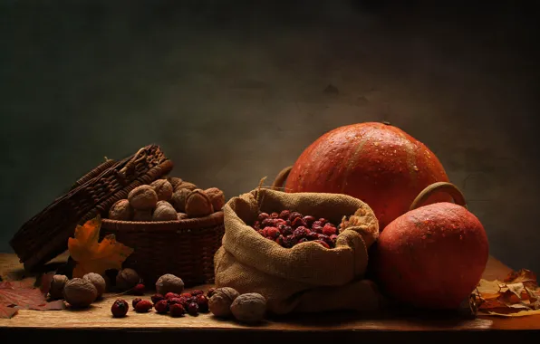 Листья, стол, корзина, желтые, тыква, орехи, натюрморт, мешок