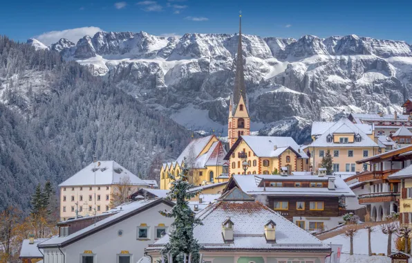 Картинка зима, горы, здания, дома, Италия, церковь, Italy, Доломитовые Альпы