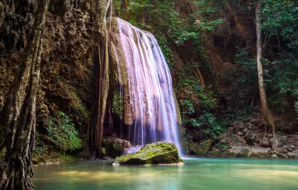 Лес, деревья, скала, камни, водопад, мох, Таиланд, Erawan National Park