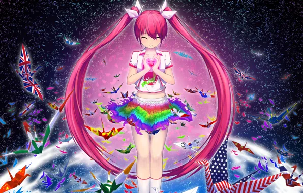 Девушка, улыбка, настроение, сердце, vocaloid, вокалоид, оригами, art