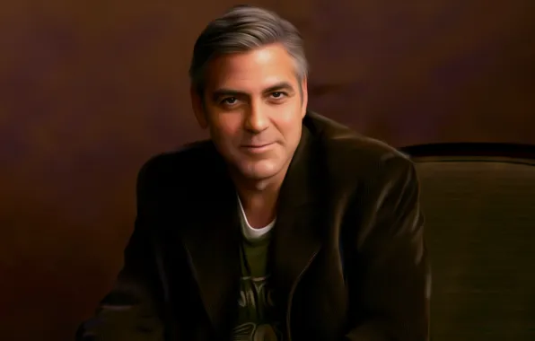 Картинка улыбка, арт, стул, мужчина, пиджак, артист, Джордж Клуни, сидя, George Clooney
