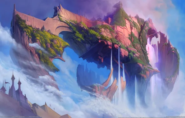 Картинка замок, скалы, остров, воздушный, водопады, Ether Saga Online