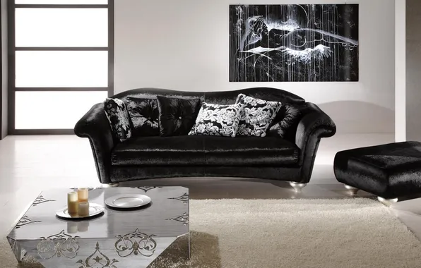 Картинка диван, черный, интерьер, кресло, комната. квартира