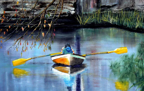 Картинка озеро, лодка, картина