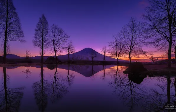 Картинка небо, отражение, гора, Япония, Фудзи