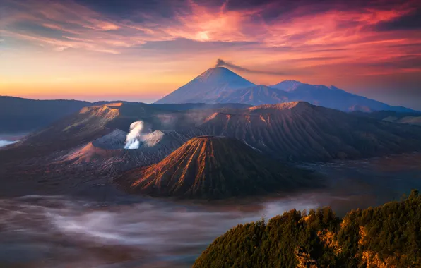 Картинка небо, облака, туман, утро, Индонезия, Ява, Tengger, вулканический комплекс-кальдеры Тенгер