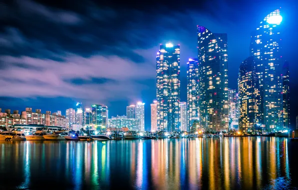 Картинка здания, яхты, ночной город, катера, небоскрёбы, South Korea, гавань, Южная Корея