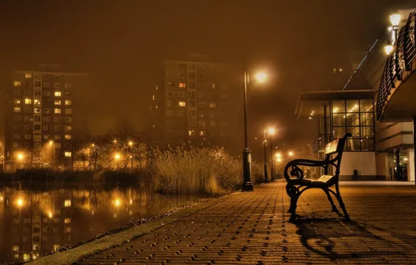City, lights, night, bench, promenade
