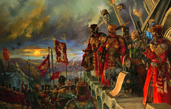 Картинка небо, горизонт, бойцы, Warhammer 40k, войско, генералы, знамёна