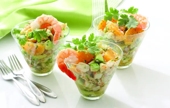 Картинка зелень, вилка, салат, креветки, мандарины, авокадо, shrimps