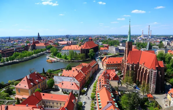 Дорога, река, дома, Польша, Вроцлав, Собор Иоанна Крестителя, The Cathedral Basilica of St. John