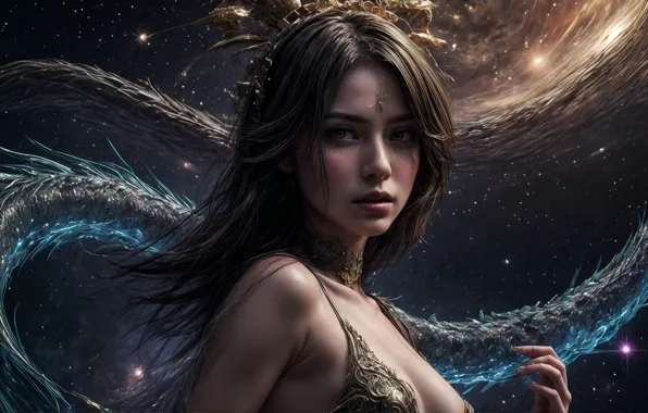 Stars, women, face, galaxy, digital art, black hair, looking at viewer, AI art