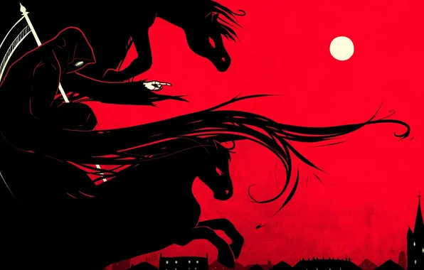 Картинка город, смерть, луна, кони, арт, коса, охота, красный фон