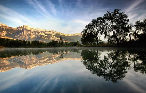Картинка облака, деревья, горы, озеро, отражение