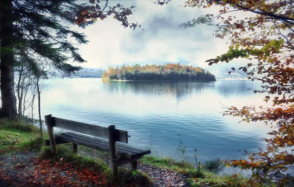 Картинка осень, озеро, скамья